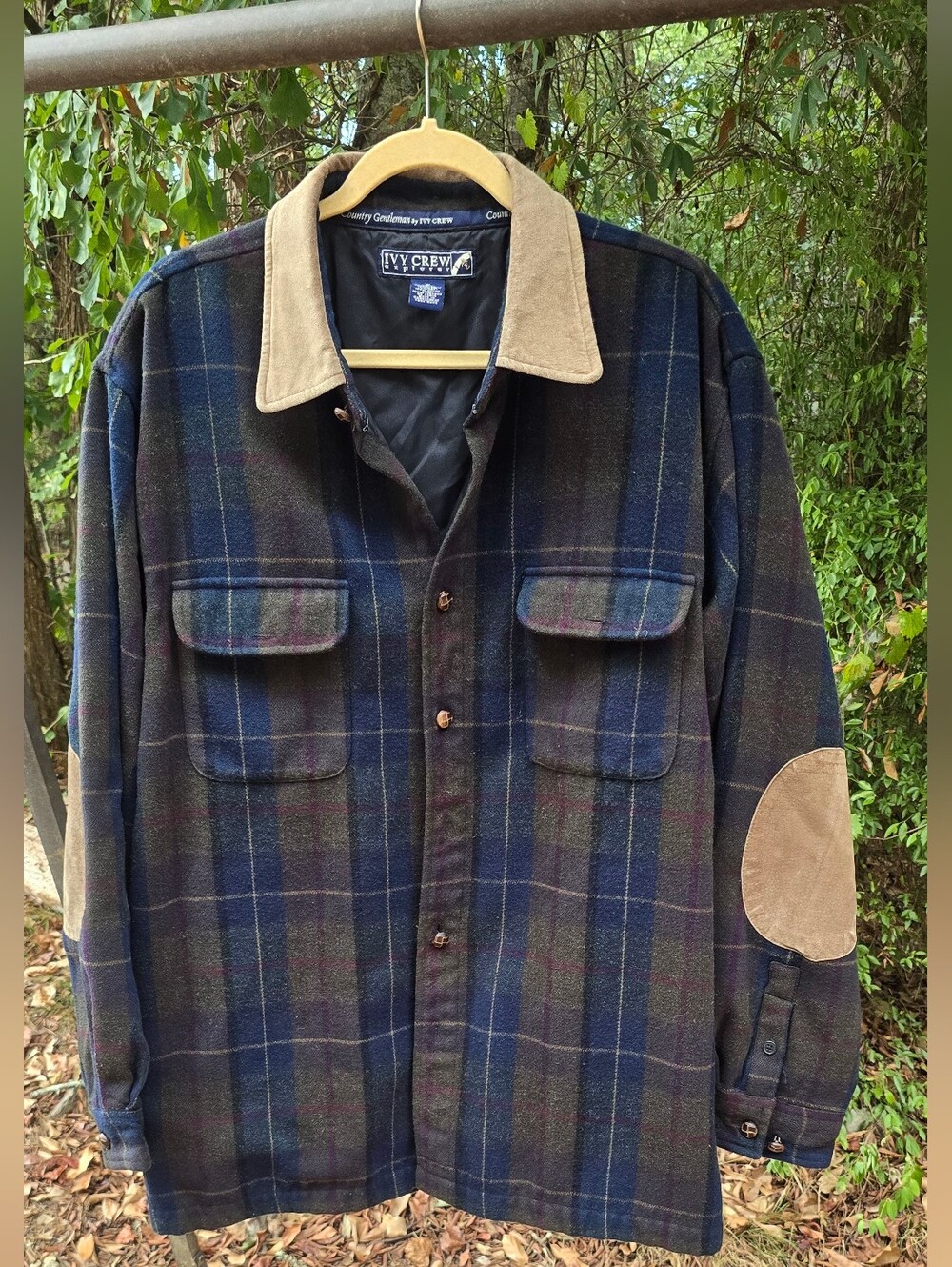 Men's Navy Plaid Wool-Blend Jacket with Suede Collar Ivy Crew Explorer Sz XL